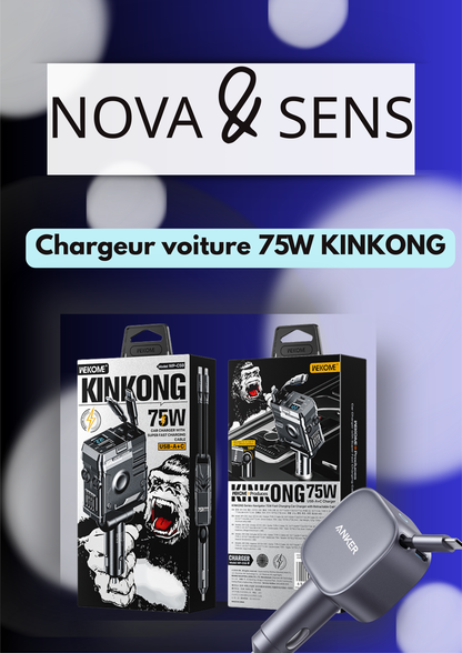 Chargeur voiture 75W KINKONG – USB-A + USB-C avec câble intégré
