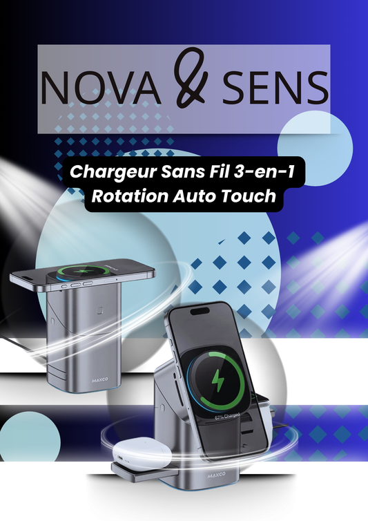 Chargeur Sans Fil 3-en-1 Rotation Auto Touch