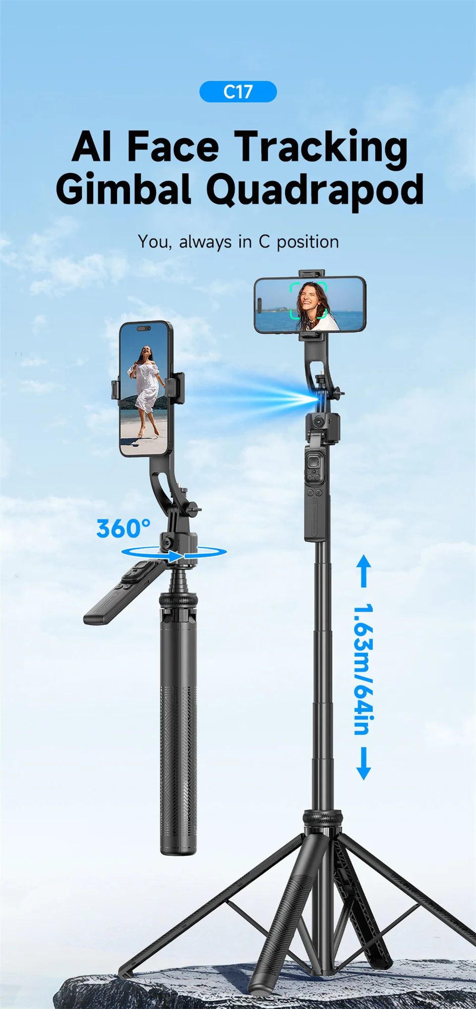 Trépied Selfie Intelligent 5-en-1 avec Suivi Automatique