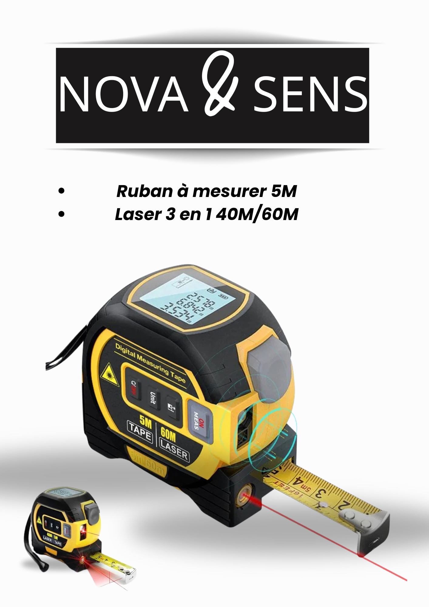 Mètre Laser 3-en-1 Professionnel
